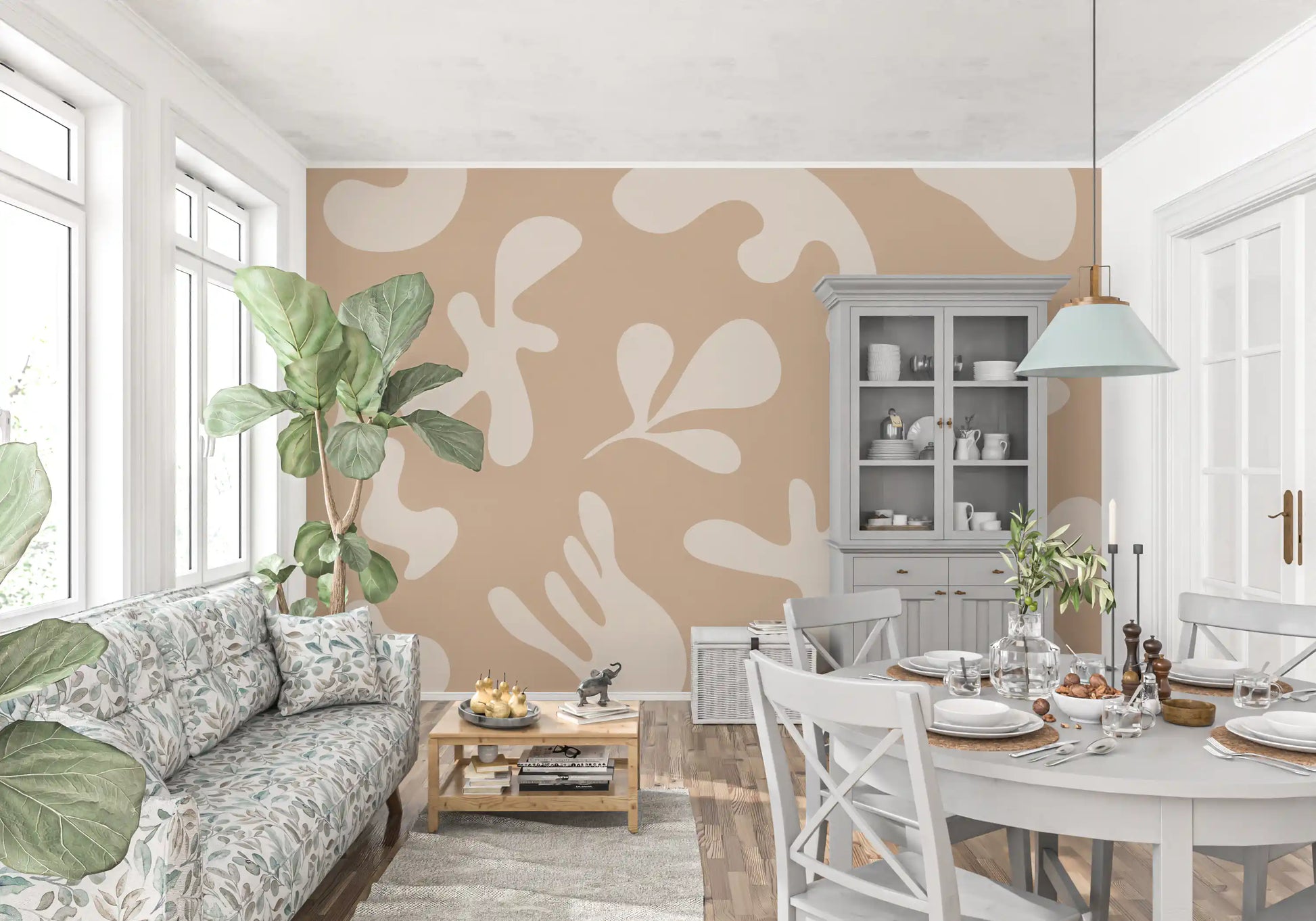 Abstract beige wall mural with Organic Flow soft neutral pattern design