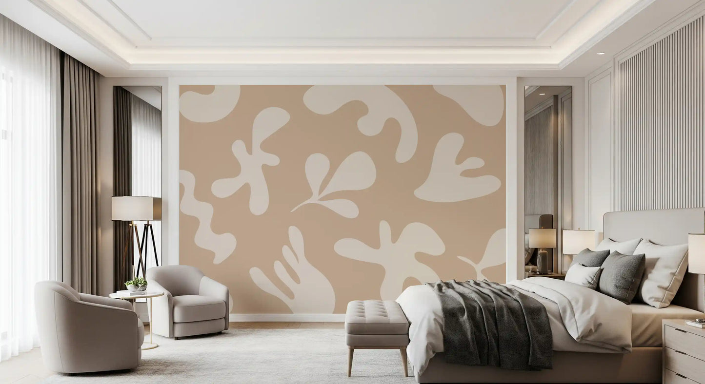 Bedroom styled using Organic Flow in Beige wall mural with cream patterns