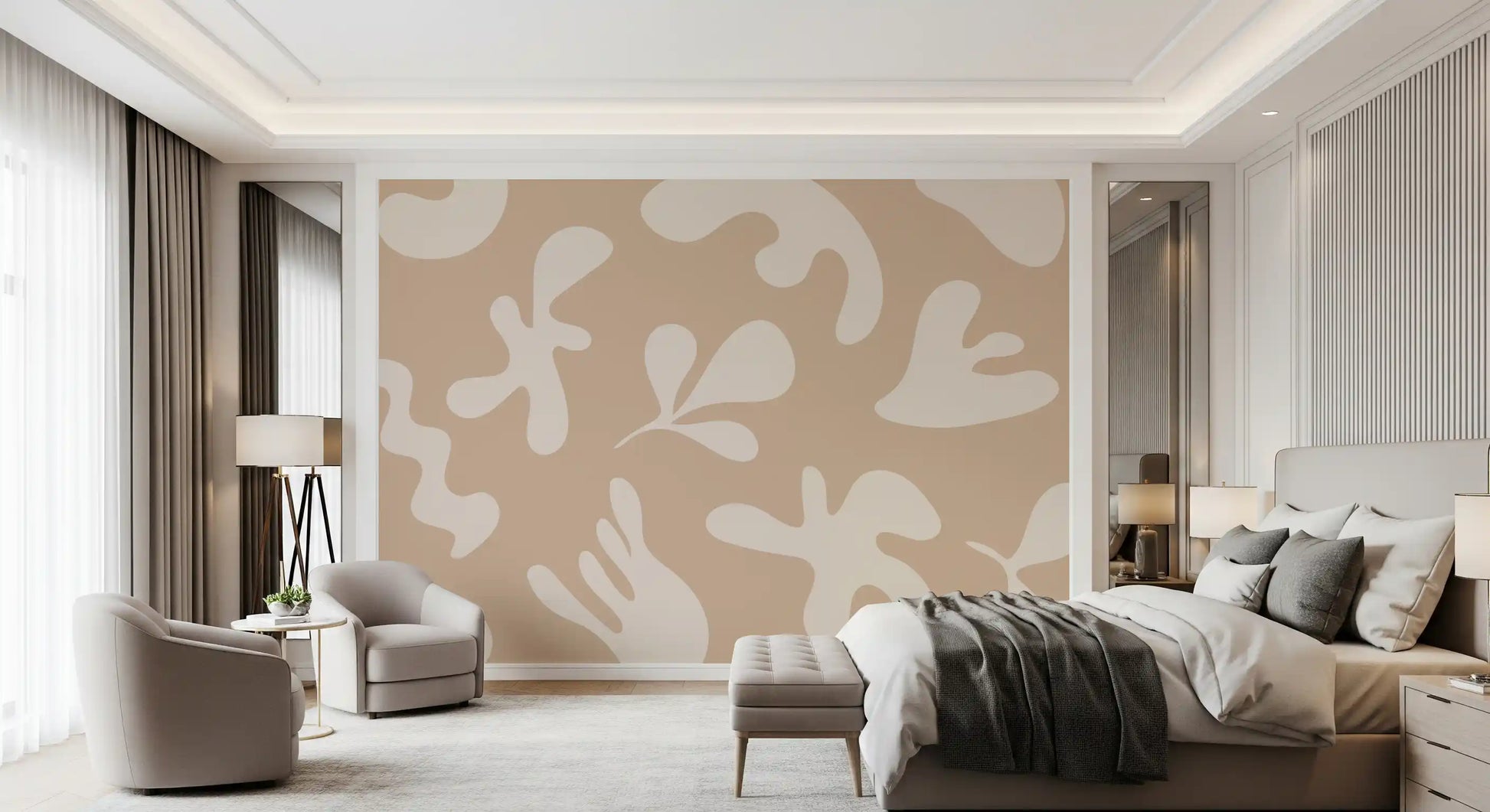 Bedroom styled using Organic Flow in Beige wall mural with cream patterns