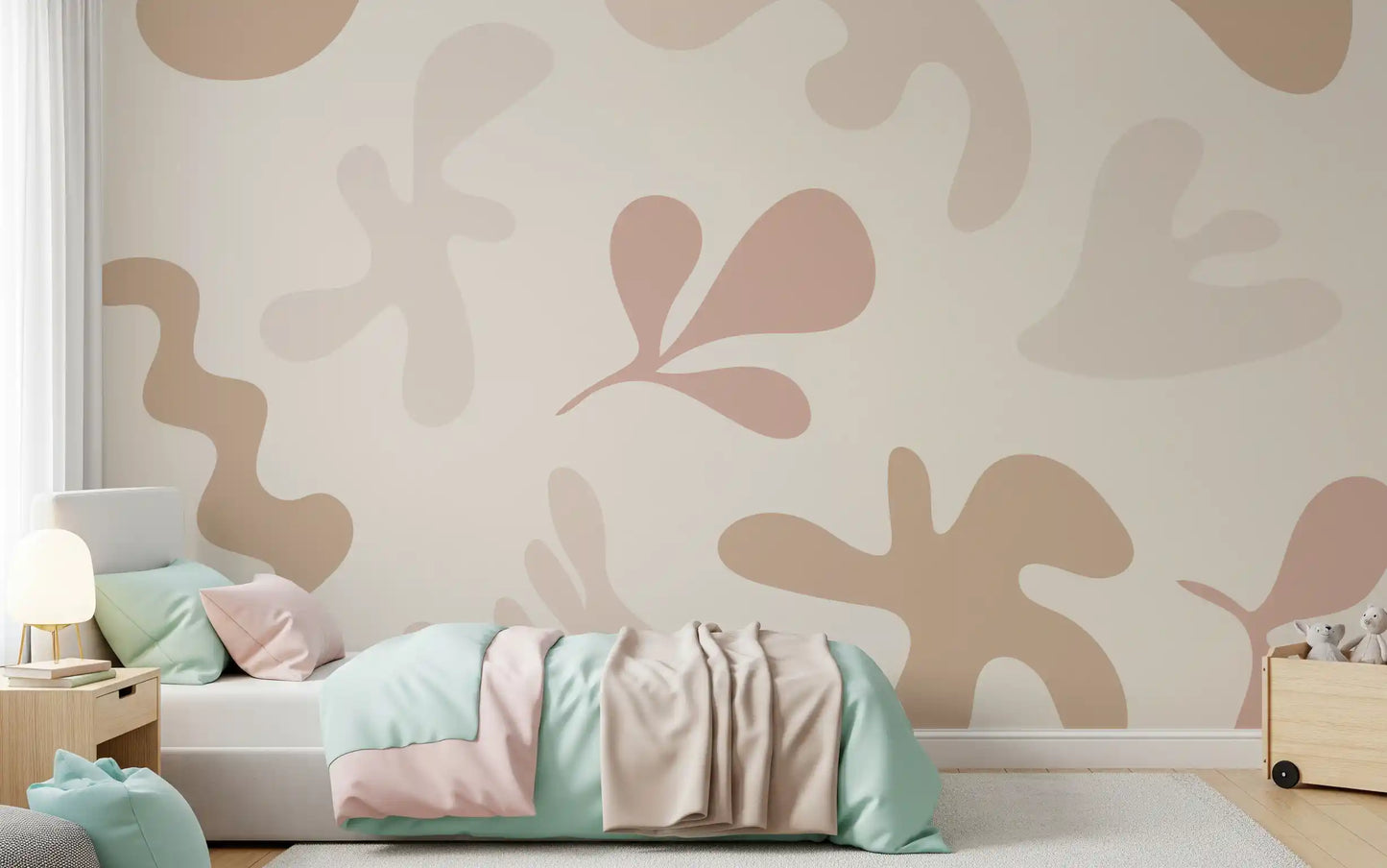 Bedroom styled Organic Flow mural soft beige pink pattern