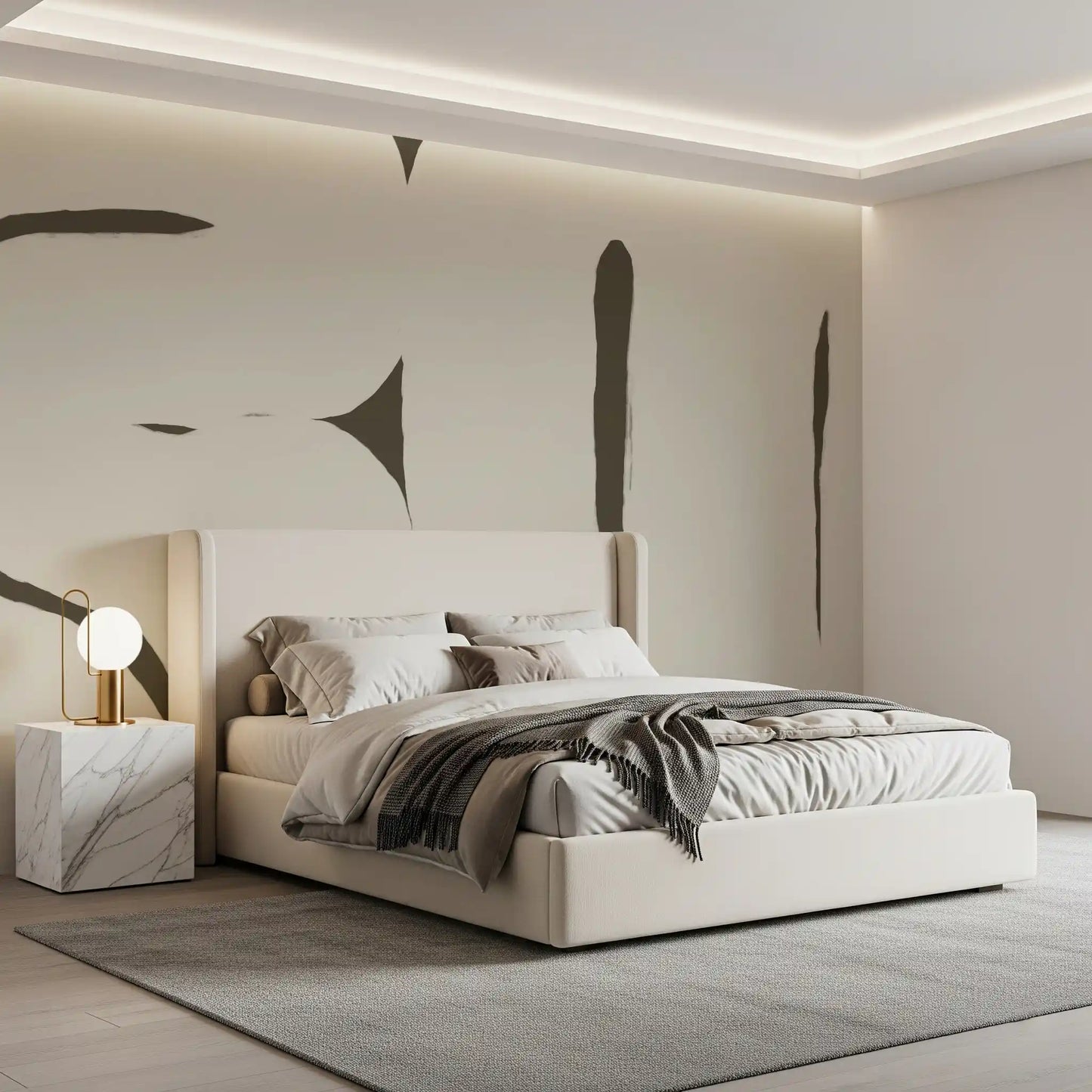 Bedroom styled Silenced Current mural soft beige pattern