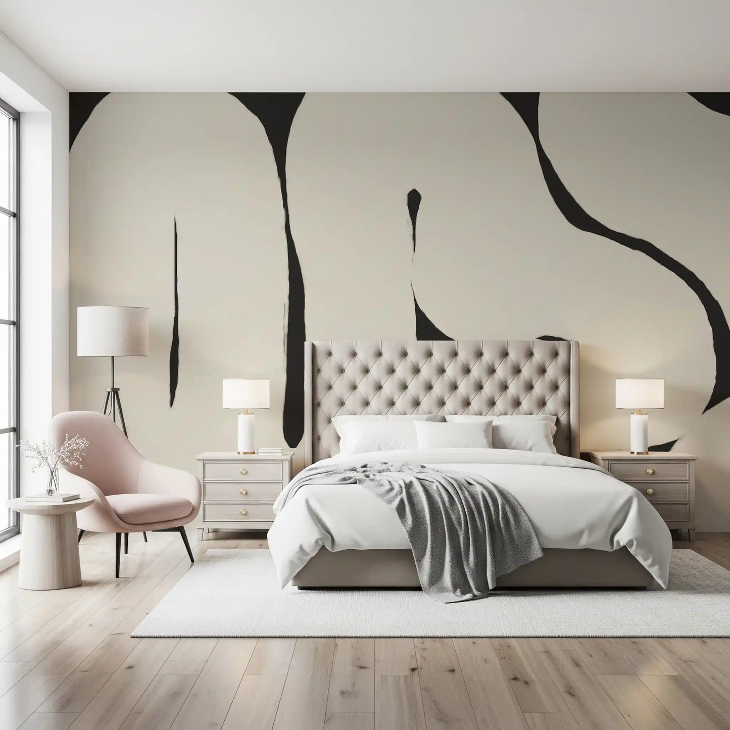 Bedroom styled Abstract Flow Neutral Curves mural soft shapes