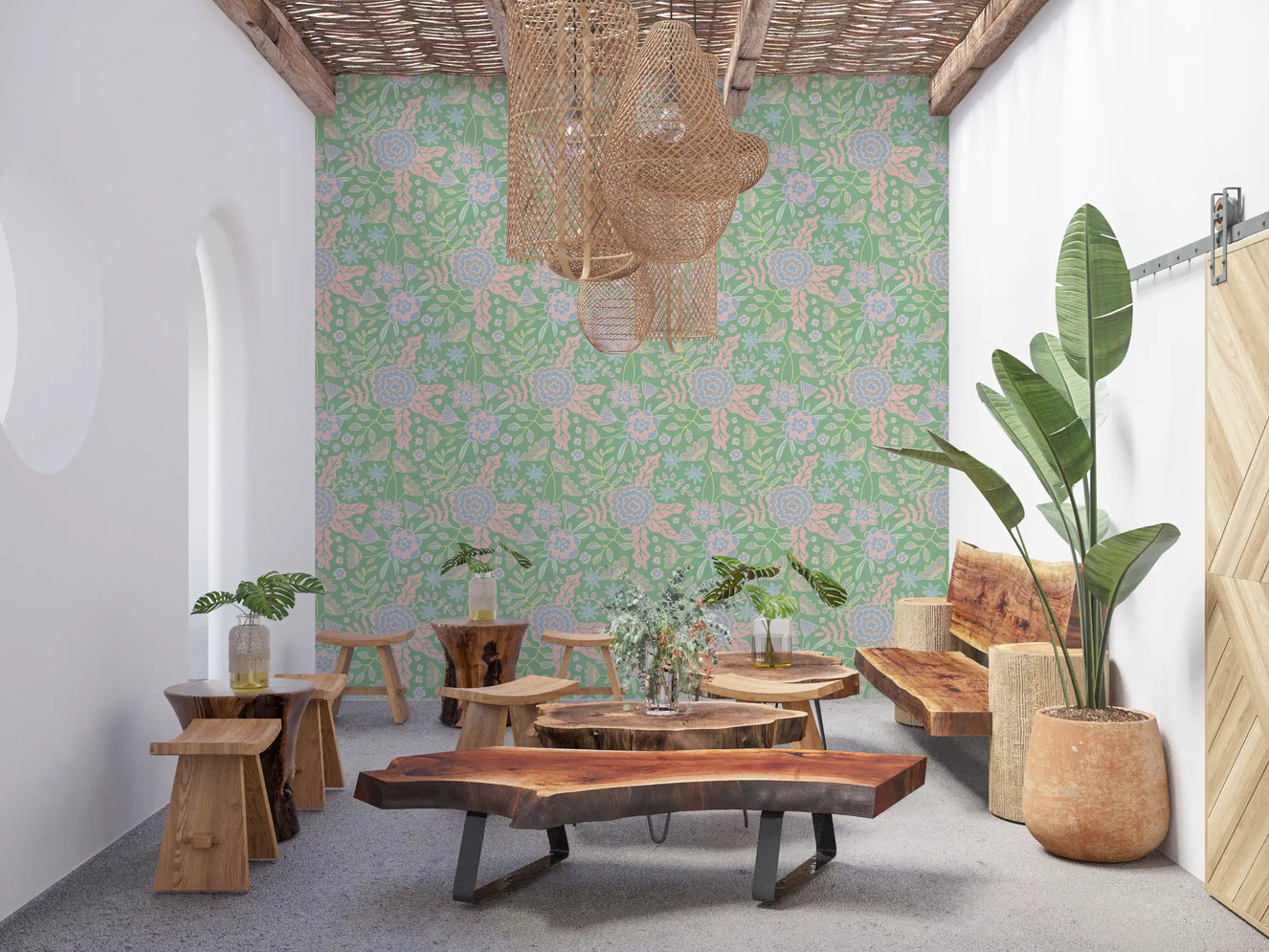 Buds and Blossom Floral Cottagecore Pastel Garden Green Wallpaper⁠