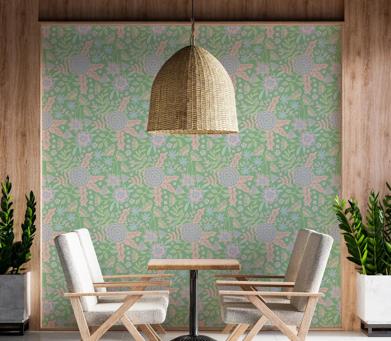 Buds and Blossom garden wallpaper with pastel florals for dining area