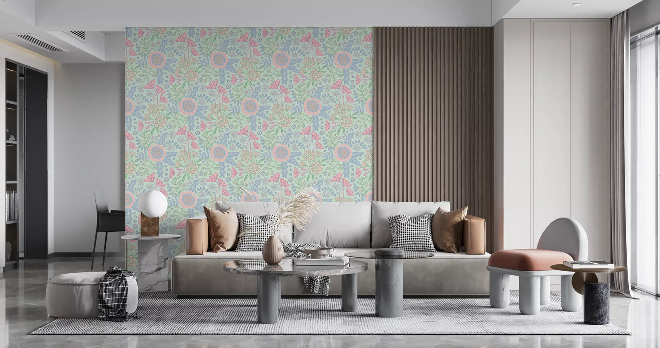 Living room with Buds and Blossom floral wallpaper in pastel mint green