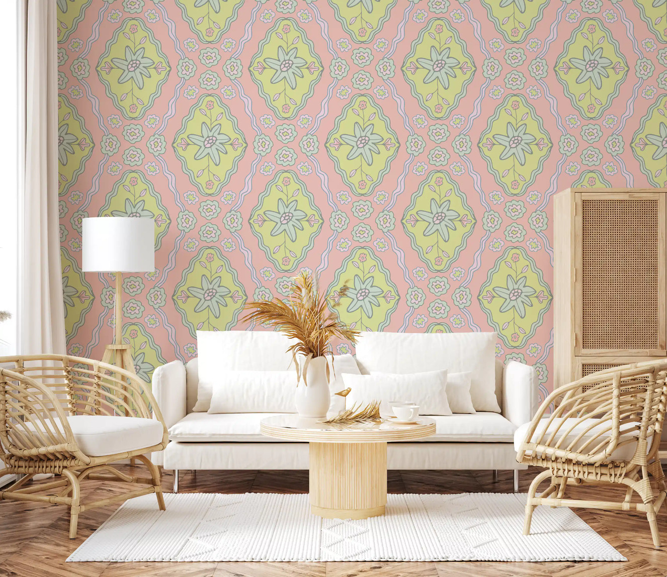 Sun-Kissed Cottagecore Spring Floral Botanical Diamond Yellow Blush Orange Wallpaper⁠