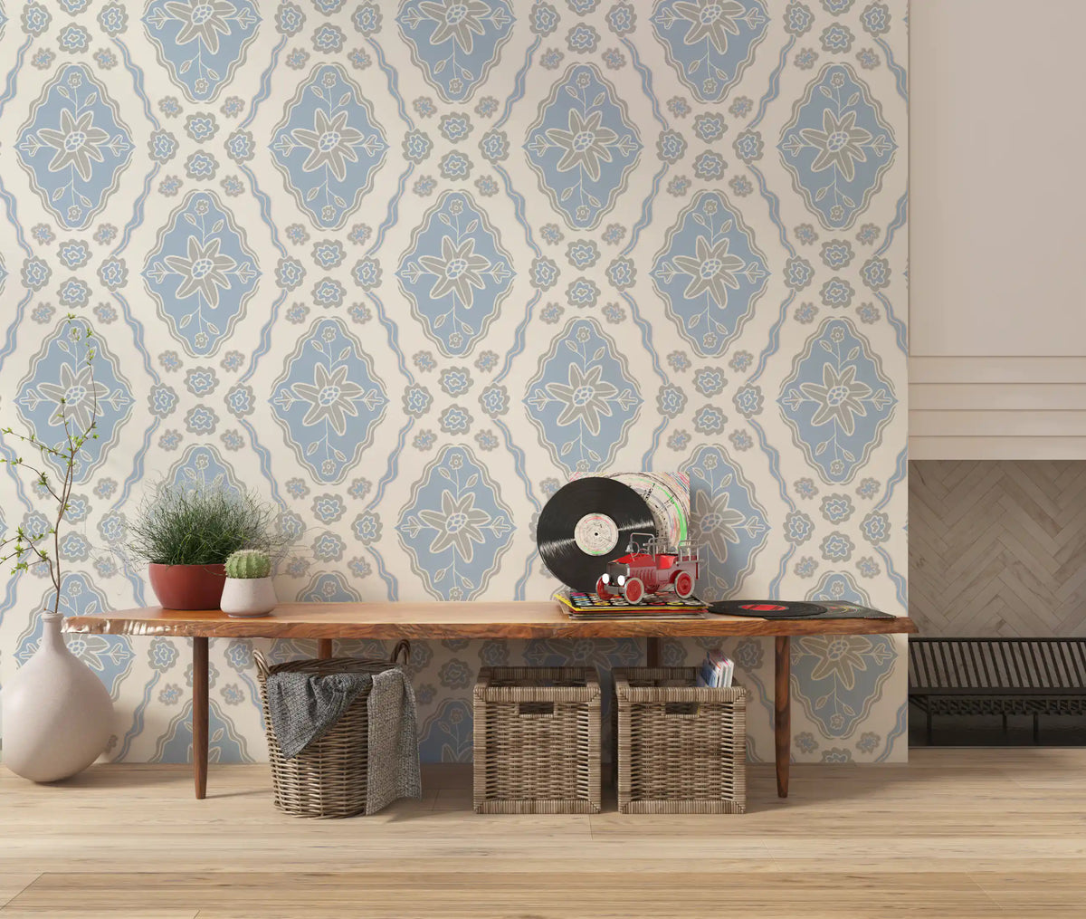 Cottagecore Spring Floral Wallpaper - Blue & Grey