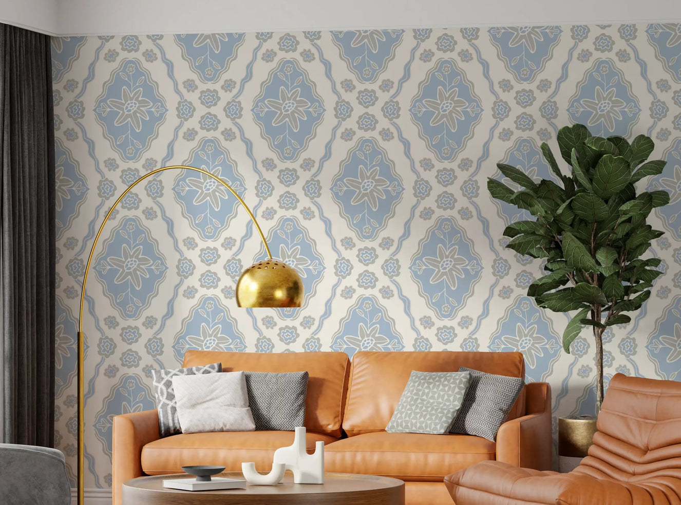 Home office with Sun-Kissed floral diamond wallpaper in blue white