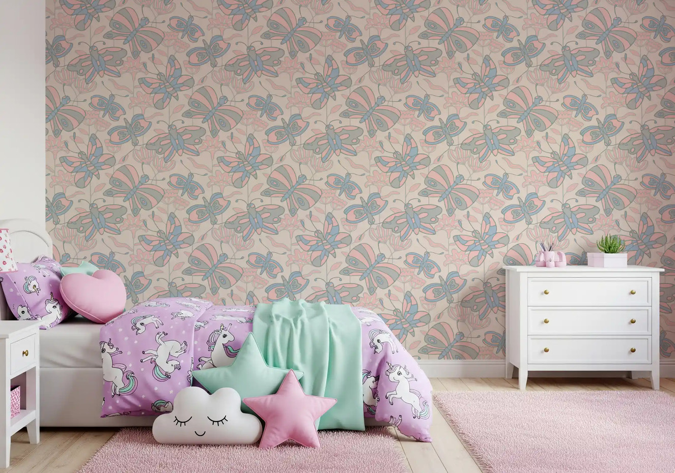 Flutter Cottagecore Spring Butterfly Floral Pastel Blue Gray Blush Wallpaper⁠