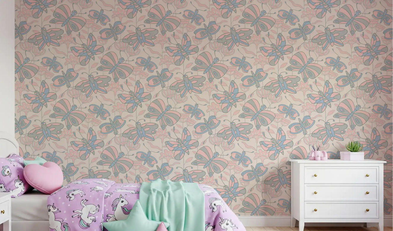 Girls room with Flutter butterfly floral wallpaper in blue gray blush