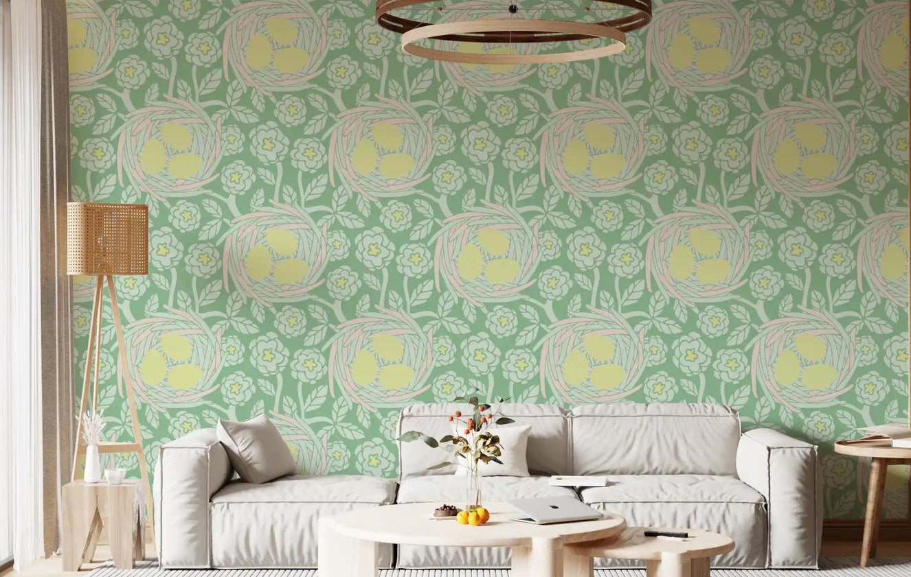 Living room Cozy Nest pastel green wallpaper with yellow bird egg design