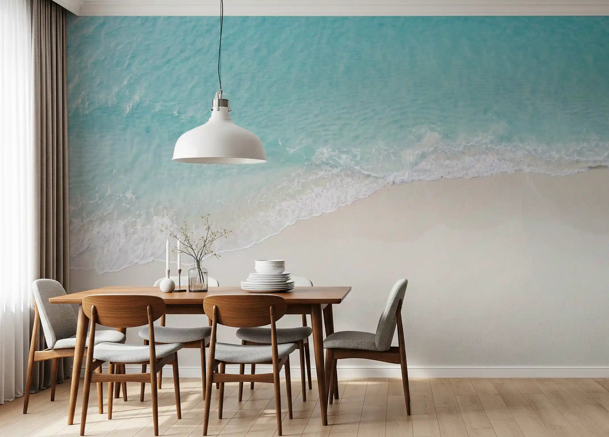 Mediterranean Arch Palm Tree Beach Wall Mural – Silk Fabric Wallpaper, 157.5"W X 110.3"H, Non-Adhesive, For Living Room, Bedroom, TV Background