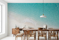 Dining area Shoreline Bliss mural with aerial beach and wave pattern