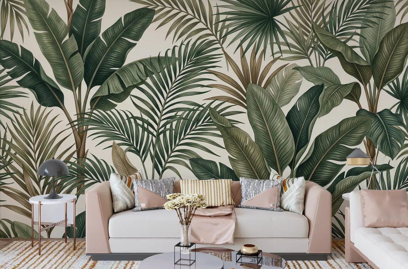 Living room with Lush Tropical Foliage wall mural and palm leaf artwork