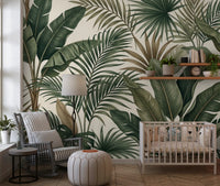 Tropical Foliage wall mural in kids room with banana leaves and green tones