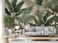Living room styled with Lush Tropical wall mural and broad leaf pattern