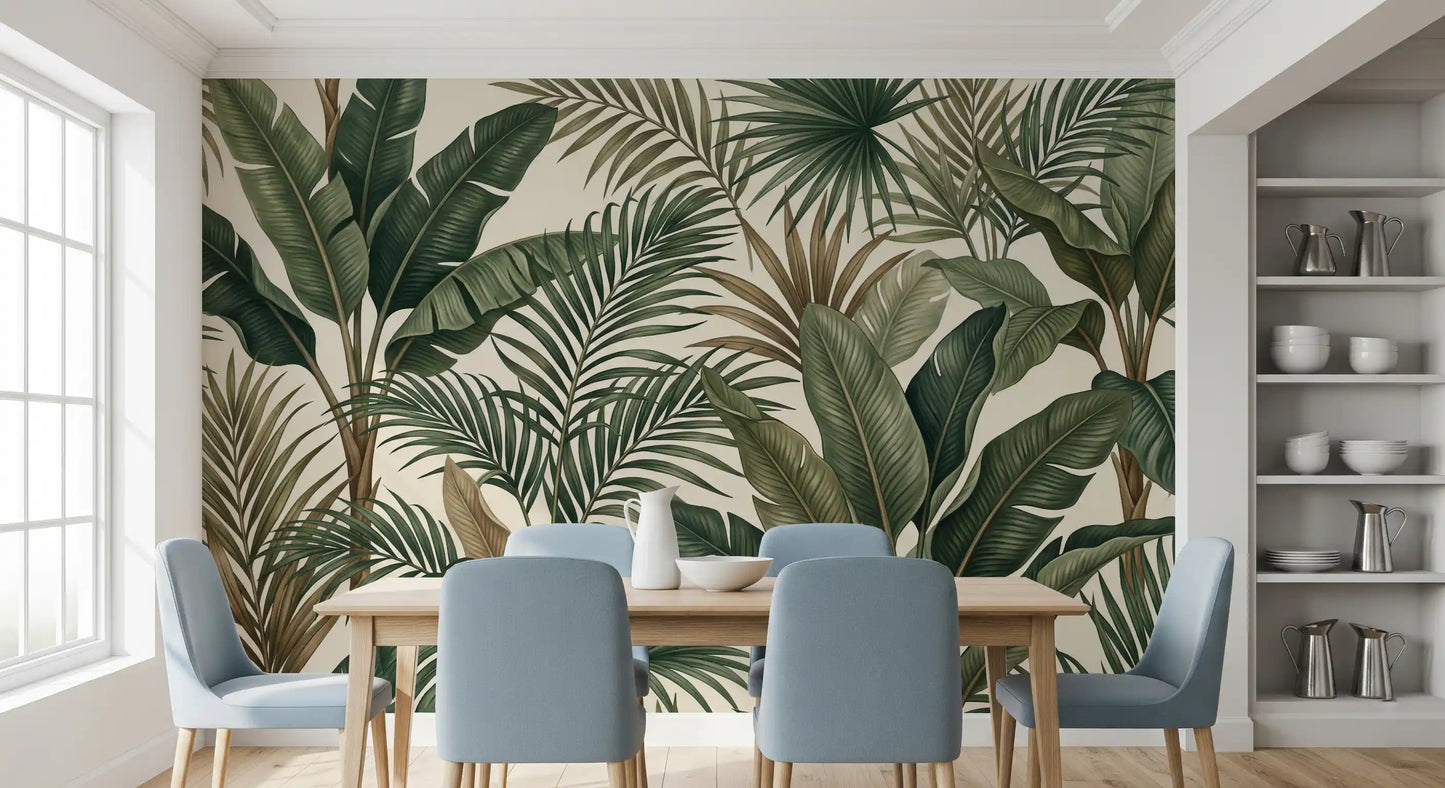 Tropical palm wall mural carrying Lush Tropical green foliage detail
