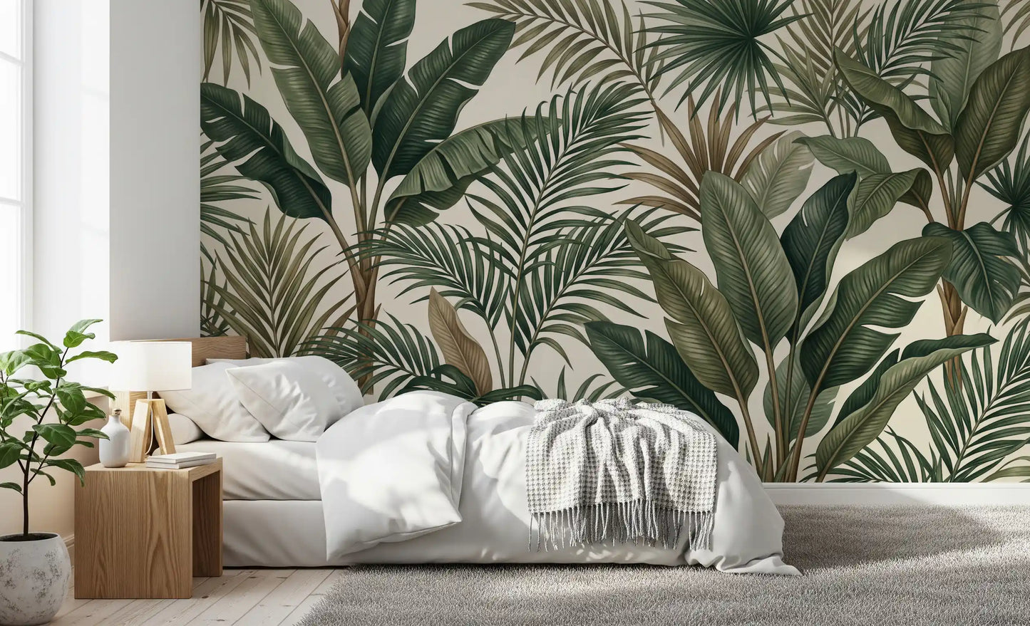 Green botanical wall mural with Tropical Foliage and banana leaf forms