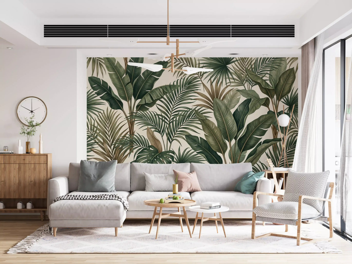 Light base wall mural showing Lush Tropical Foliage and palm fronds