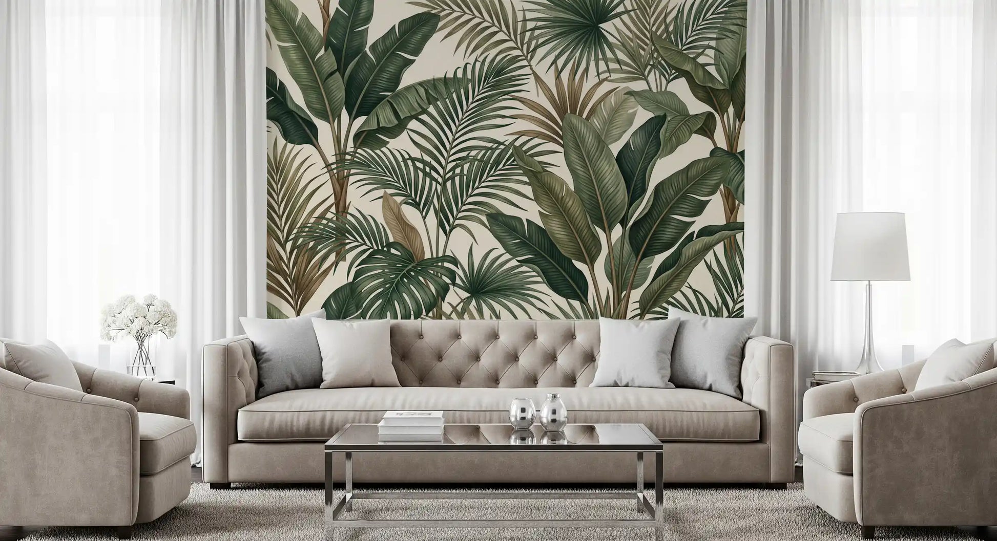 Banana leaf wall mural with Tropical Foliage and natural green texture