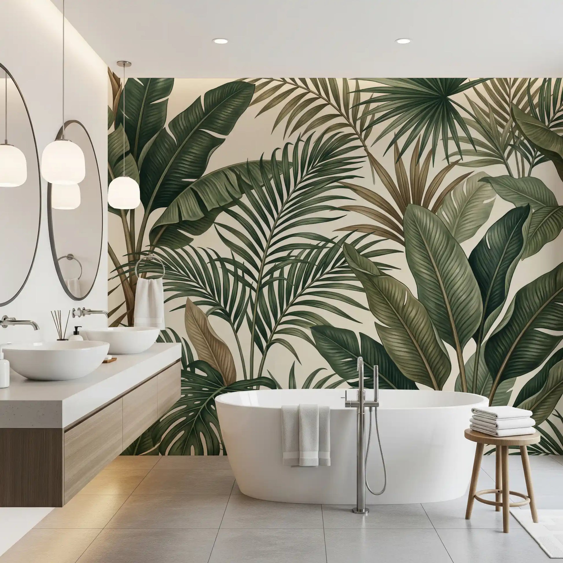 Bathroom design features Lush Foliage wall mural with layered palm detail