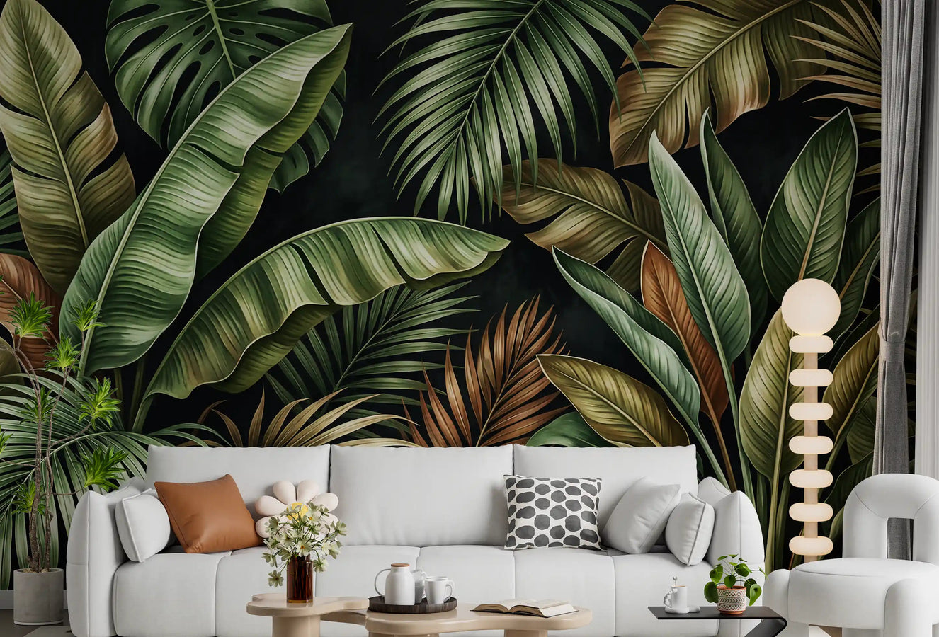 Living room with Botanical Design Wall Mural in layered tropical leaf style