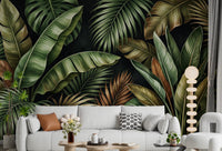 Living room with Botanical Design Wall Mural in layered tropical leaf style