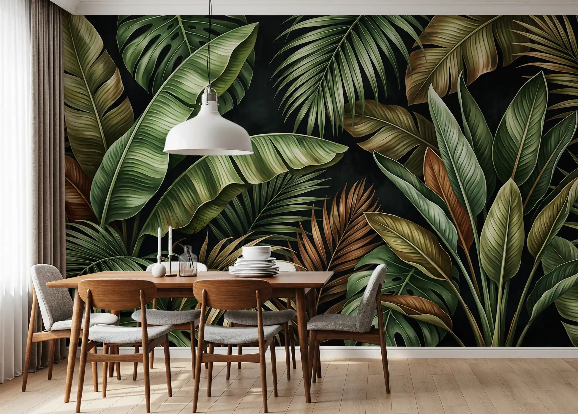Tropical leaf wall mural showing palms, olive shading, and jungle depth