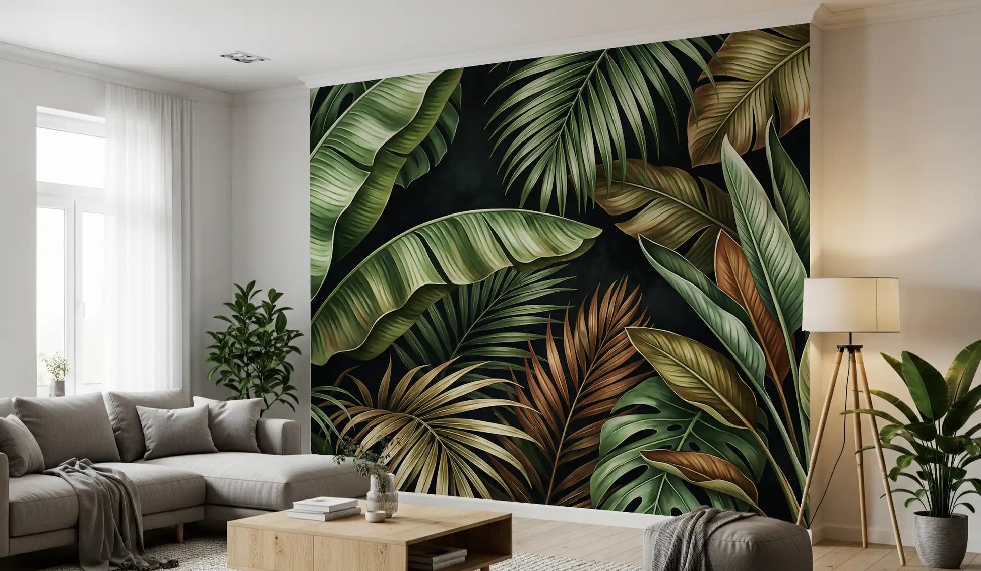 Botanical Design Wall Mural with banana leaves and dark tropical backdrop