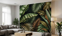 Botanical Design Wall Mural with banana leaves and dark tropical backdrop