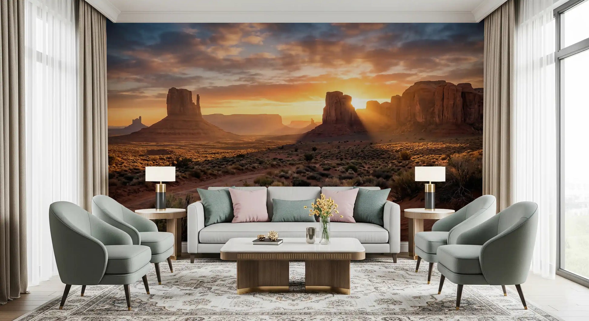Hallway Desert Horizon mural with sunset buttes and desert shrubs