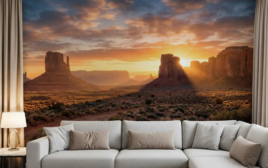 Living room Desert Horizon wall mural with golden buttes and sunset sky