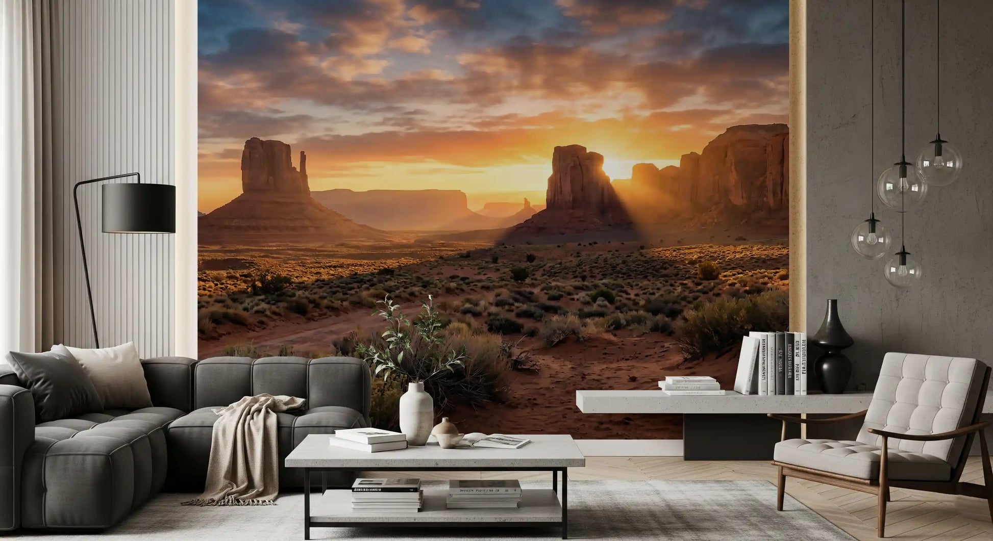 Panoramic Golden Hour Buttes wall mural with red desert landscape