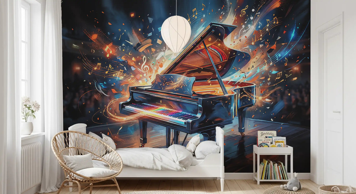 Bedroom wall shows Melody Burst mural with dynamic piano artwork