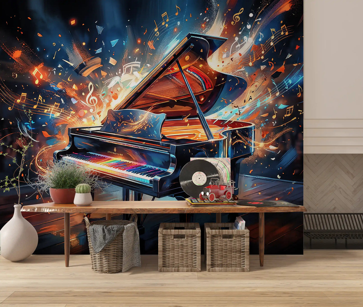 Abstract piano wall mural with deep shadows and bright highlights