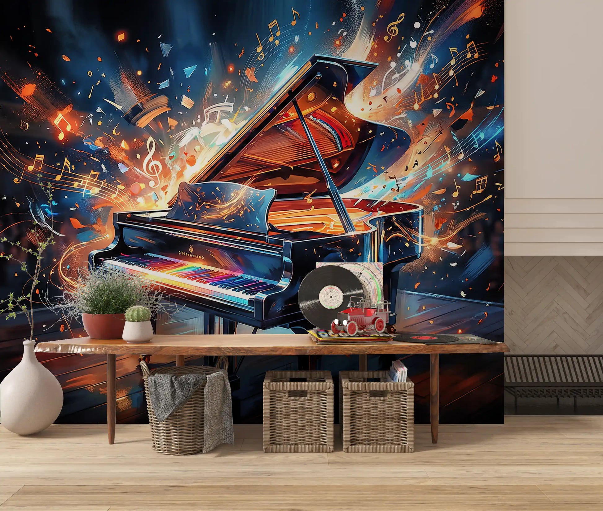 Abstract piano wall mural with deep shadows and bright highlights