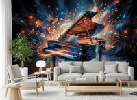 Hallway displays Melody Burst wall mural with vibrant motion effects