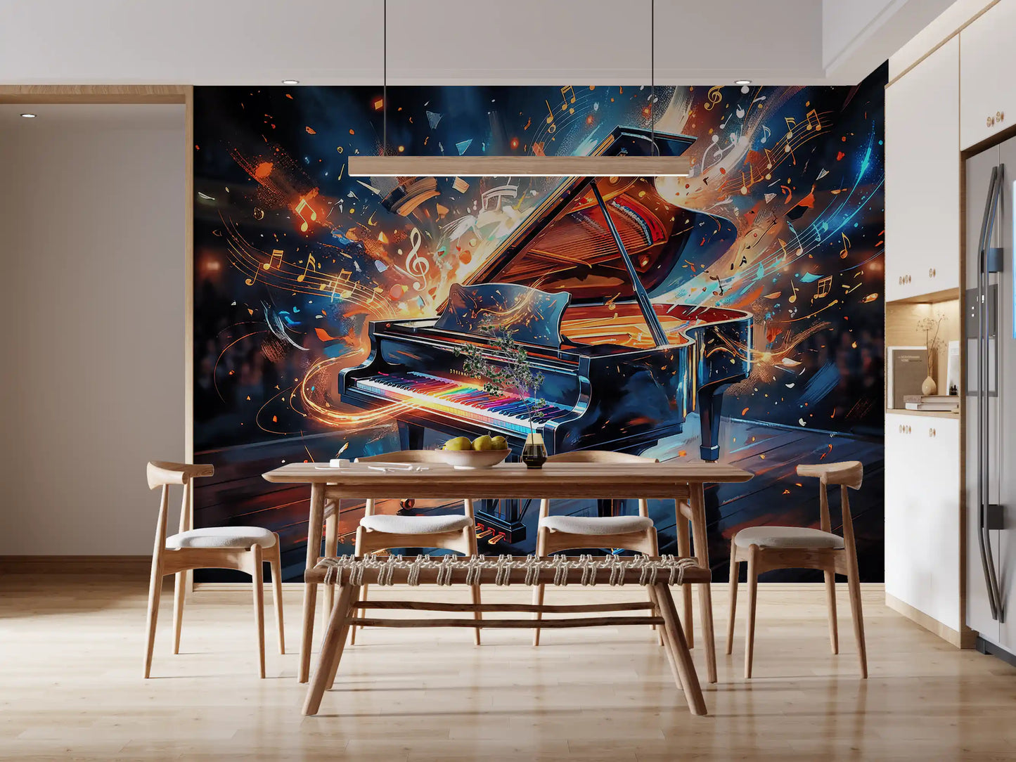 Melody Burst mural featuring grand piano and colorful light bursts