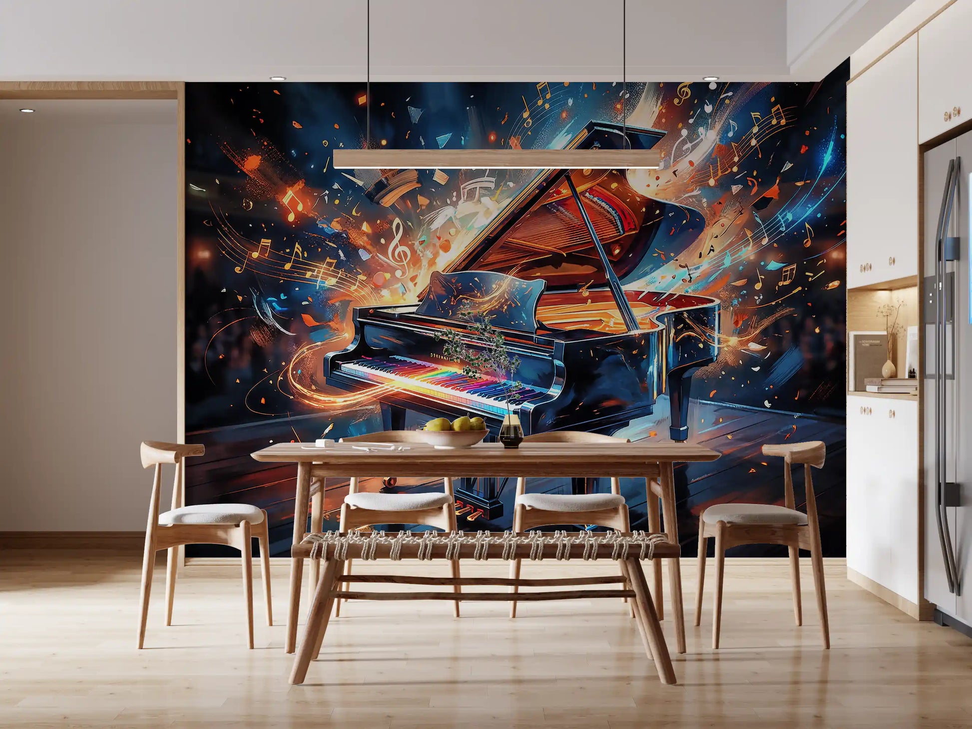 Melody Burst mural featuring grand piano and colorful light bursts