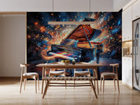 Melody Burst mural featuring grand piano and colorful light bursts