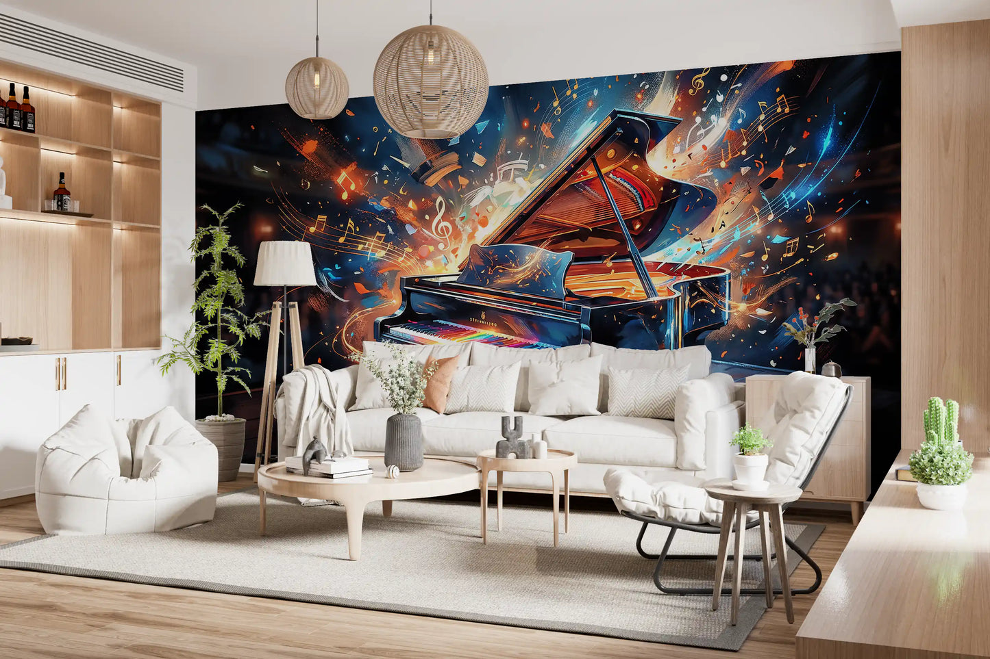 Piano wall mural with glowing keys and floating music notes