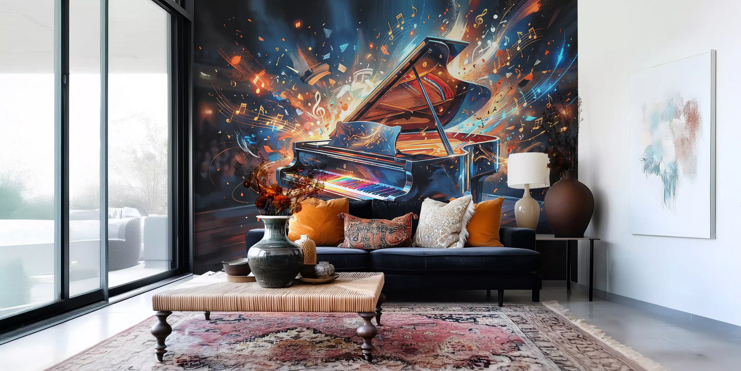 Studio space using abstract piano mural with musical energy visuals
