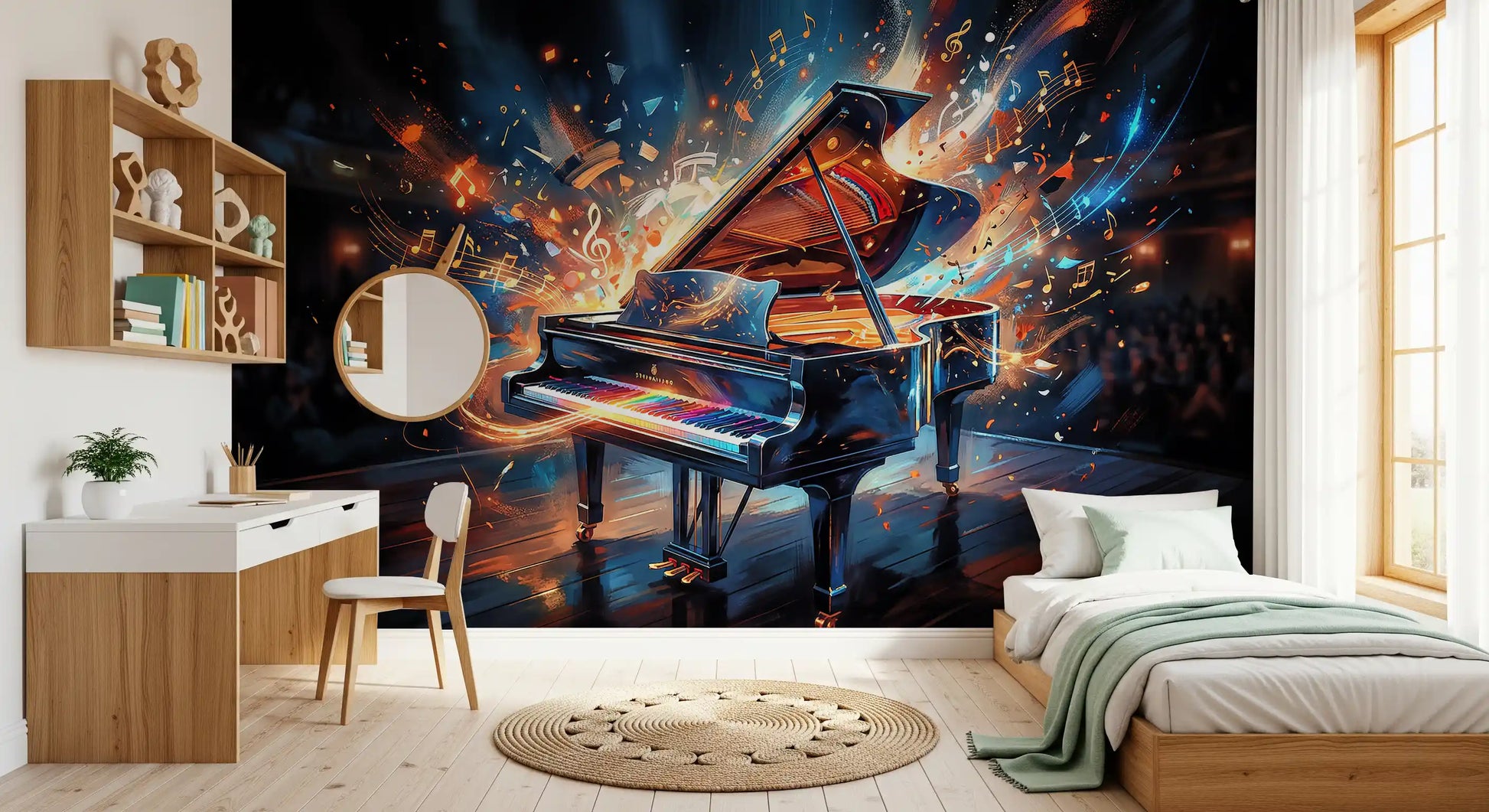Music wall mural with vibrant tones and abstract note patterns