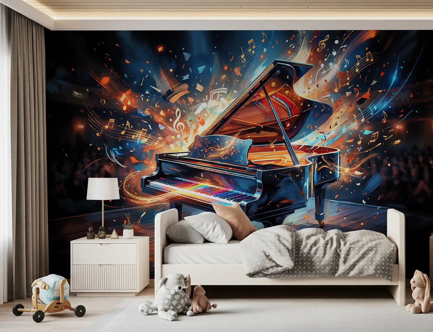 Creative music mural with flowing light trails and piano scene
