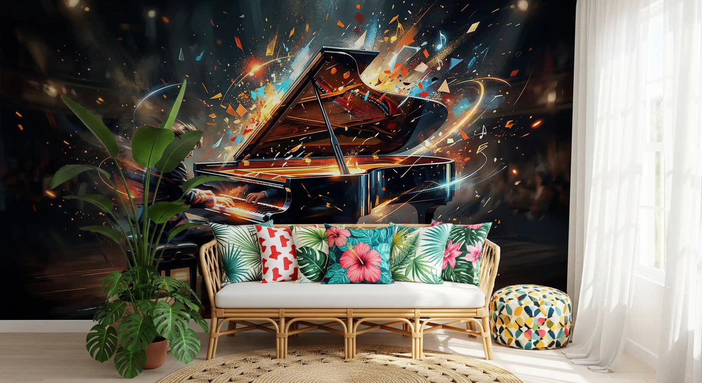 Piano wall mural with glowing keys and colorful motion effects