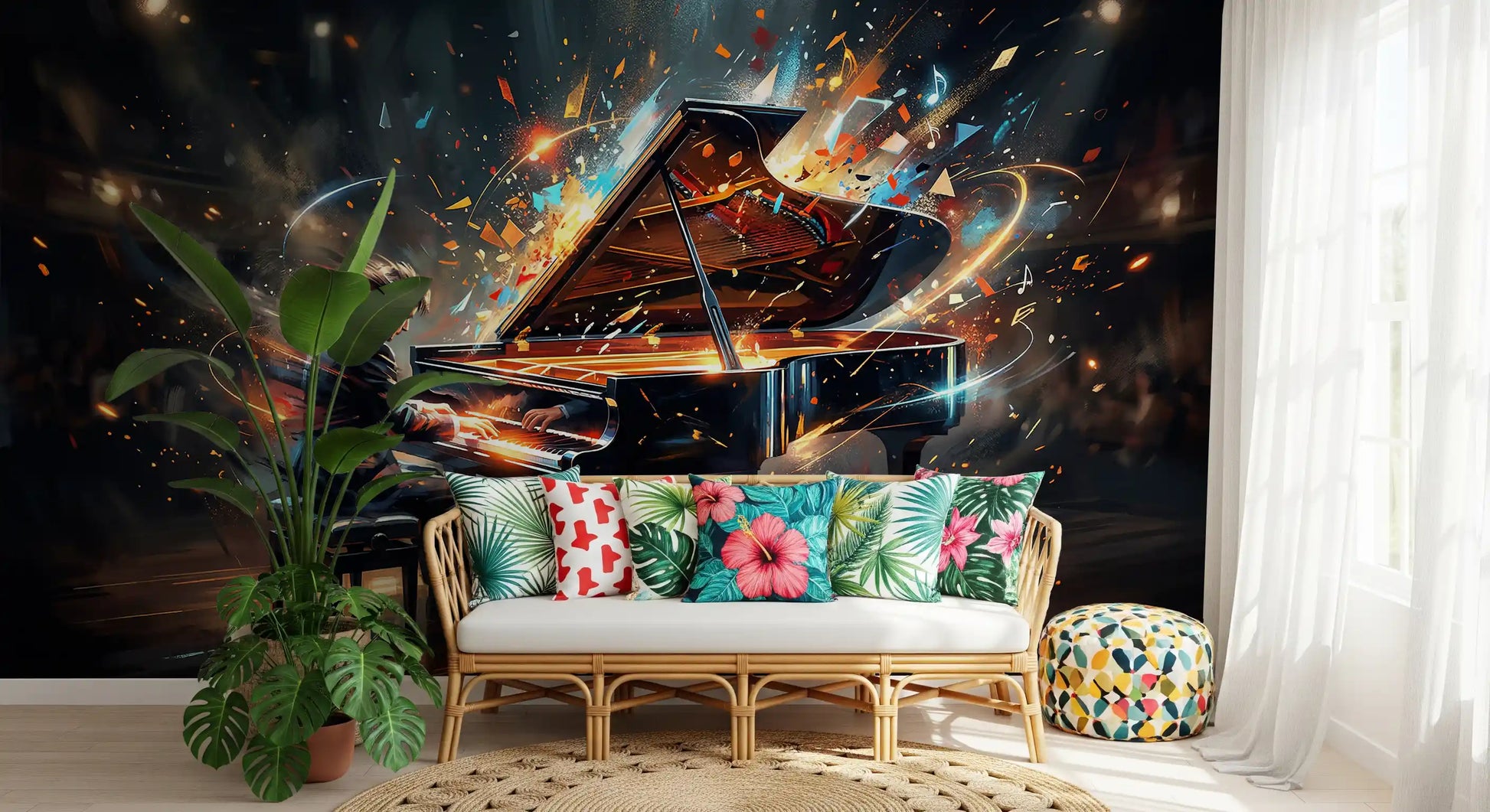 Piano wall mural with glowing keys and colorful motion effects