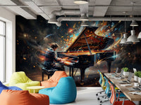 Abstract piano wall mural with dark background and bright highlights
