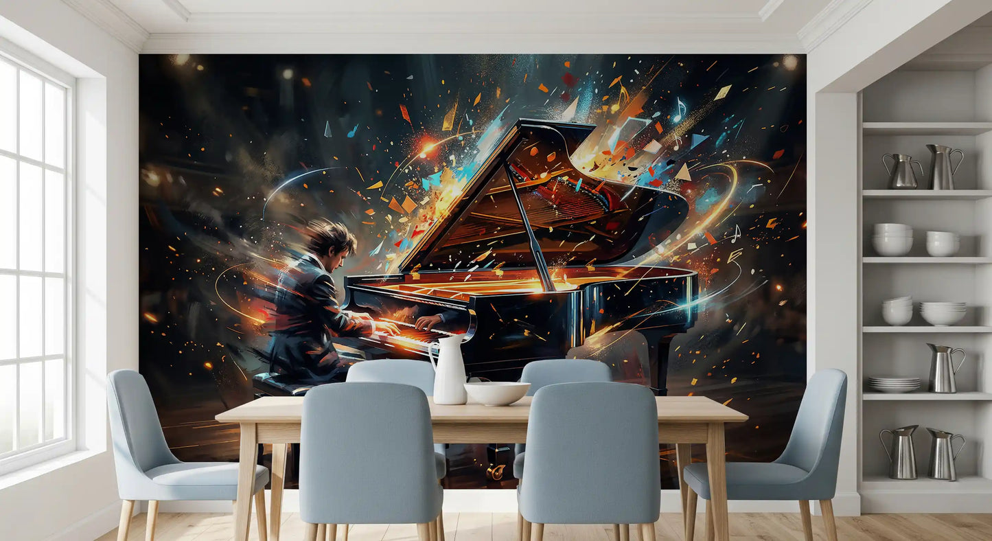 Music art wall mural with dynamic color fragments and piano scene