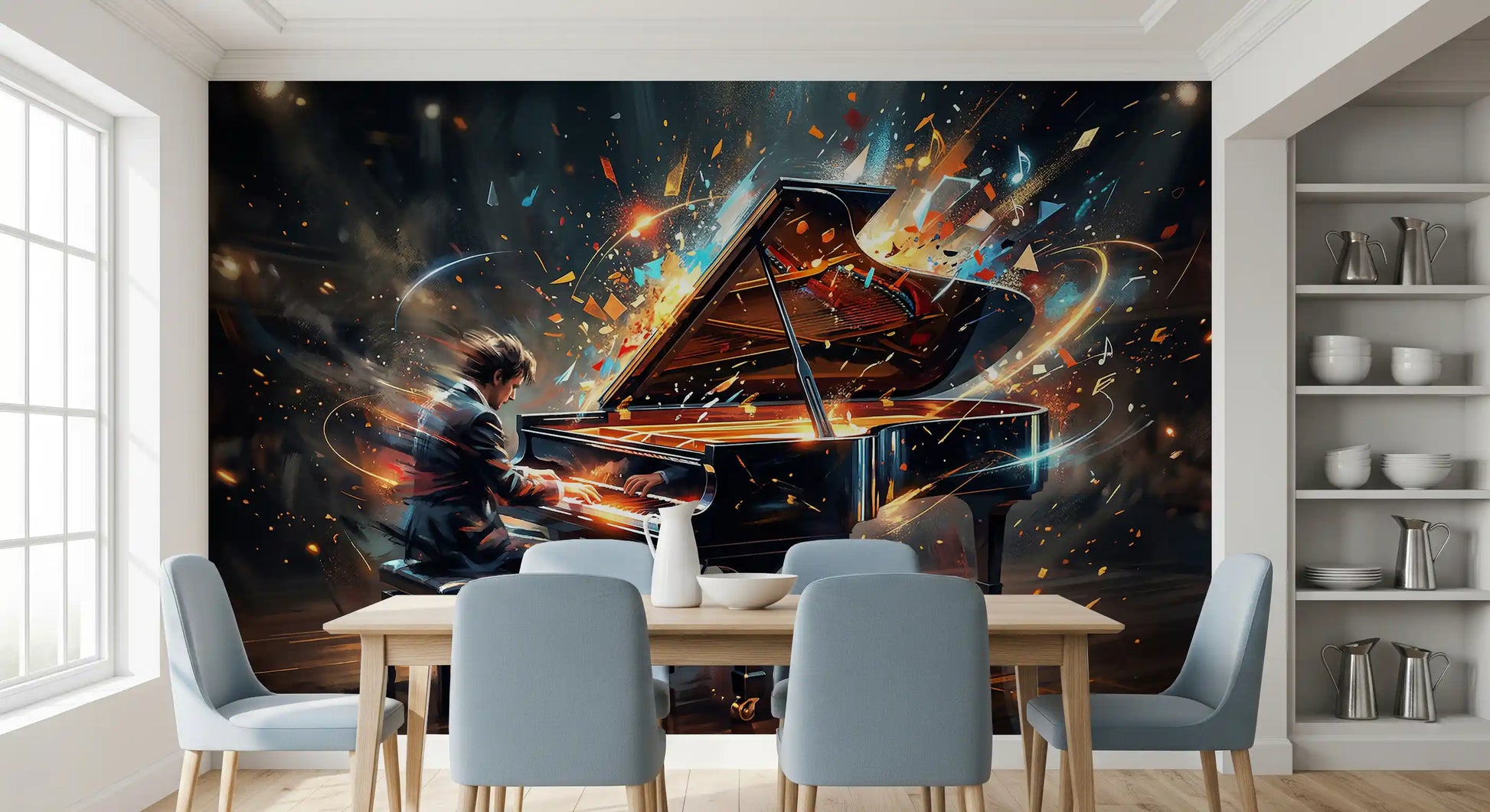 Music art wall mural with dynamic color fragments and piano scene