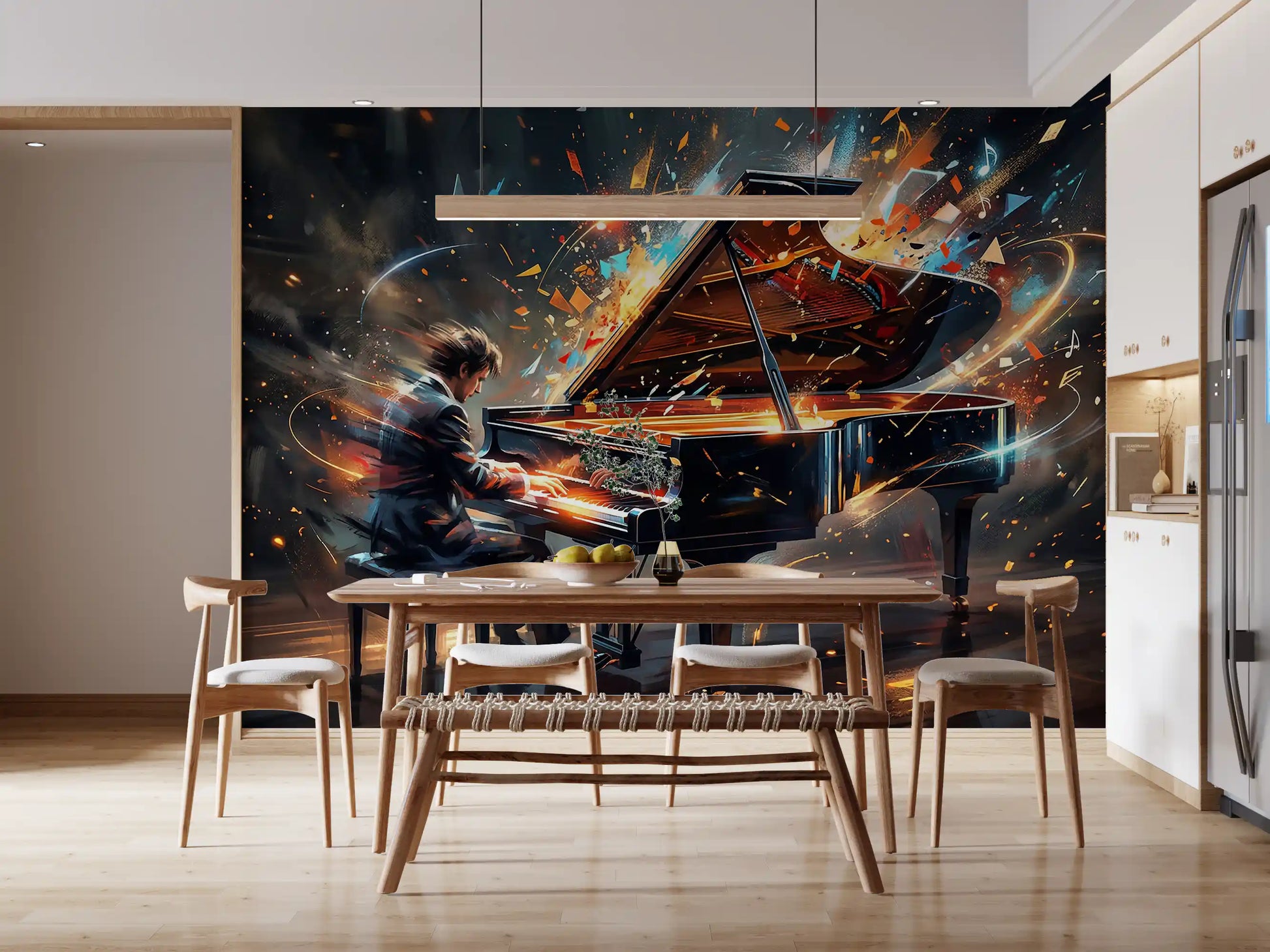 Symphony of Light mural featuring grand piano and light bursts